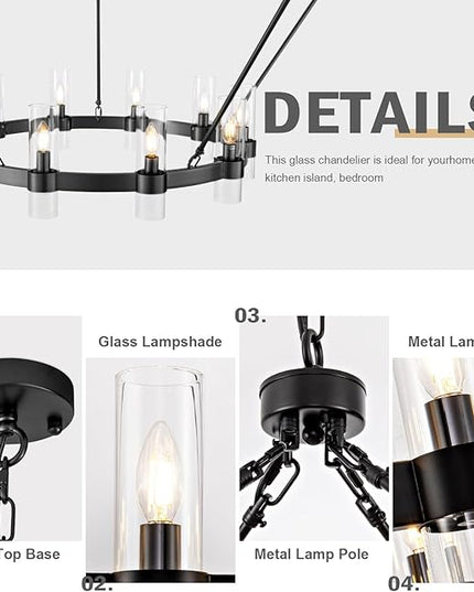 60 Inch Black Wagon Wheel Chandelier with Glass Shade, 30 Lights, 2 Tier Modern Farmhouse Chandelier, Pendant Lighting Fixture Ideal for Dining Room, Kitchen, Entryways