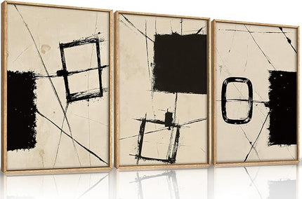 HOURIA Nordic Abstract Black & Beige Brush Stroke Framed Canvas Wall Art Set,Minimalist Geometric Grunge Line Shapes Ink Sketch Decor,Neutral Modern Drawing Artwork for Living Room,Farmhouse-24"x36"x3