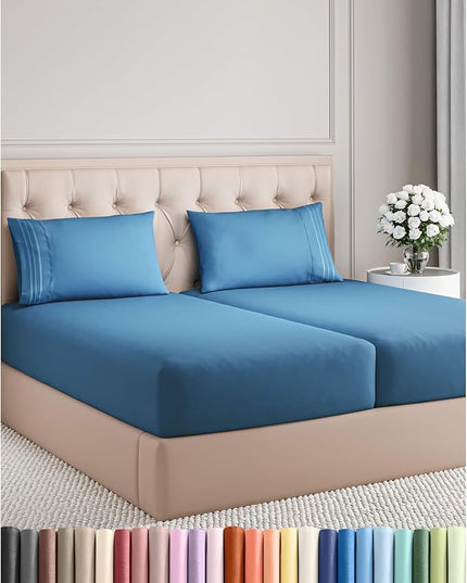 Split King Size 5 Piece Sheet Set - Comfy Breathable & Cooling Bed Sheets Set - Hotel Luxury Bedding for Women, Men, Kids, Teens, Boys & Girls - Deep Pockets and Wrinkle Free - Oeko-Tex - Denim Blue