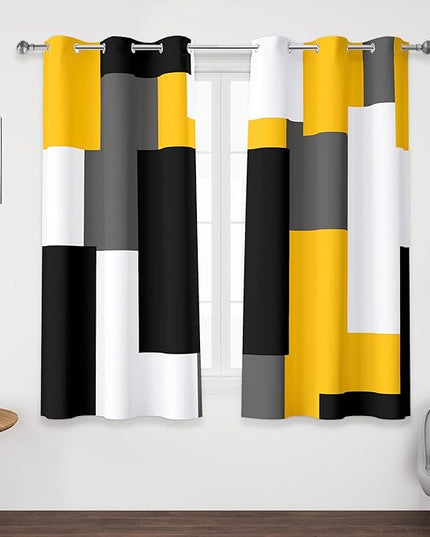 Yellow 100% Blackout Curtains 45 inch Length 2 Panels Set Black White Grey Modern Abstract Geometric Drapes for Kitchen Black Out Curtains Insulated Room Darkening Small Window Curtains, 42Wx45L