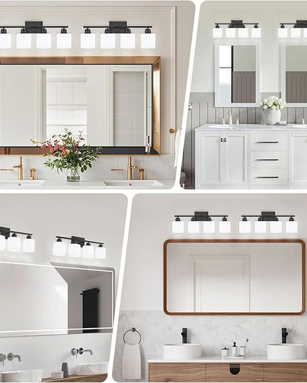 4-Light Black Bathroom Vanity Light, Light Fixtures with Milky White Frosted Glass Shades, Black Vanity Light for Bathroom Mirror, Bedroom, Living Room, Vanity Table, E26 Base