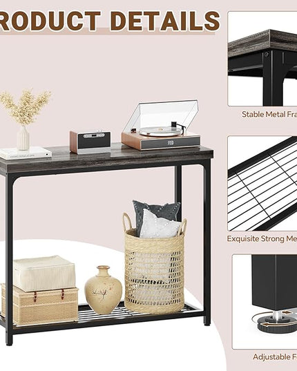 32" Small Console Table, 2-Tier Narrow Entryway Table, Sofa Table with Mesh Shelves, Console Tables for Living Room, Hallway, Entryway, Farmhouse Console Table with Storage, Oak Grey