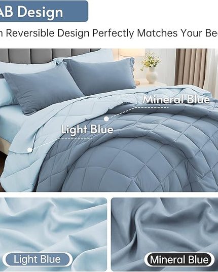 MUXHOMO 7 Pieces Full Comforter Set, Reversible Bed in a Bag Full Size, All Season Bedding Set with Comforter, Flat Sheet, Fitted Sheet, Pillowcases & Shams, Mineral Blue & Light Blue