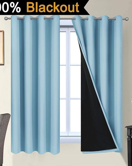 Yakamok 100% Blackout Curtains Energy Saving Thermal Insulated 2 Thick Layers Completely Blackout Drapes with Black Liner for Bedroom (52Wx63L,Sky Blue, 2 Panels)