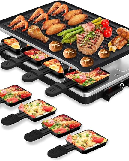 HBN Electric Raclette Table Grill with 8 Warming Trays, 2-in-1 Korean BBQ Grill & Electric Griddle Nonstick, Adjustable Temperature Control,1300W, Great for Indoor Family Gatherings, Parties & Dining
