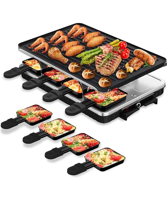 HBN Electric Raclette Table Grill with 8 Warming Trays, 2-in-1 Korean BBQ Grill & Electric Griddle Nonstick, Adjustable Temperature Control,1300W, Great for Indoor Family Gatherings, Parties & Dining