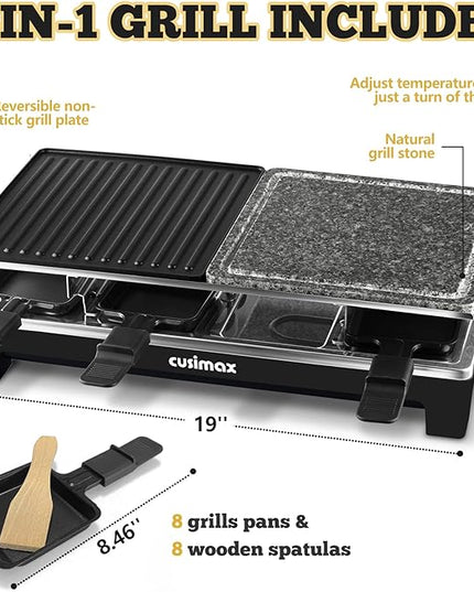 Raclette Table Grill, CUSIMAX Indoor Grill Electric Grill, Portable Korean BBQ Grill with 2 in 1 Reversible Non-stick Plate & Natural Grill Stone, 8 Raclette Pans 8 Wooden Spatulas for Family Fun