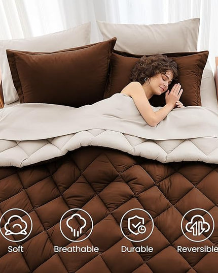 MUXHOMO 5 Pieces Twin Comforter Set, Reversible Bed in a Bag Twin Size, All Season Bedding Set with Comforter, Flat Sheet, Fitted Sheet, Pillowcases & Shams, Brown & Khaki
