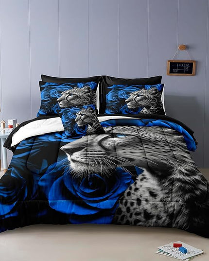 Merryword 8 Pieces Cheetah Leopard Bed in a Bag Blue Rose Comforter Set Full Size Blue Flower Bedding Tiger Lion Wild Animal Comforter Set