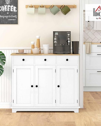 HOMCOM Sideboard with Solid Wood Countertop, Modern Kitchen Storage Cabinet, Coffee Bar Cabinet with 3 Drawers, Doors and Adjustable Shelf, Distressed White