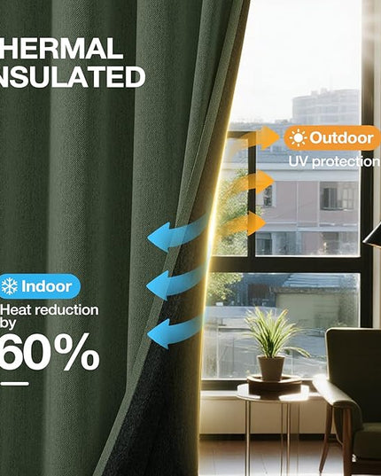 100% Blackout Curtains 96 inch Length 2 Panels for Living Room, Linen-Look Textured Room Darkening Thermal Insulated Noise Reduction Farmhouse Drapes for Bedroom (W52xL96, Olive)