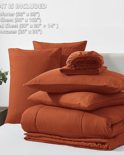 CozyLux Queen Comforter Set Terracotta, 7 Pieces Bed in a Bag, Burnt Orange Fall Comforter Queen Size, All Season Bedding Sets with Stitch Quilted Comforter, Flat Sheet, Fitted Sheet, Pillowcases