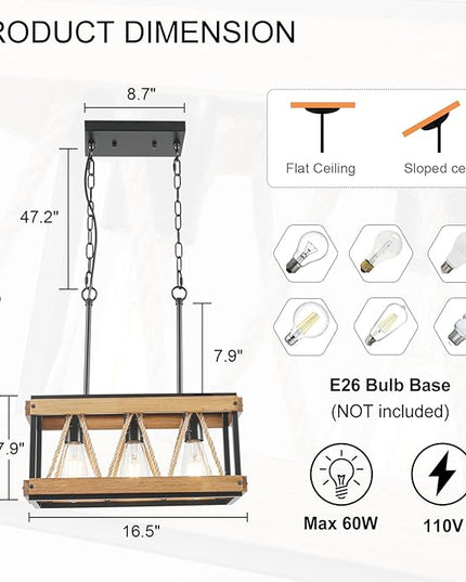 Farmhouse Light Fixtures, 3-Light Adjustable Kitchen Chandeliers Over Table, Vintage Pendant Lighting for Kitchen Island, Rustic Hanging Lights for Entryway Foyer Bathroom Dining Room