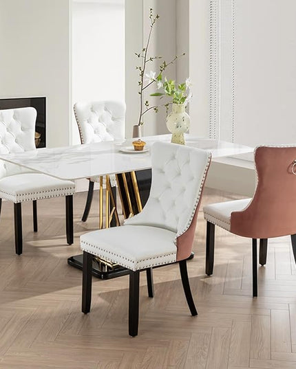 SoarFlash Leather Dining Chairs Set of 4, Tall Back Side Chair, Modern Upholstered Side Chair with Button Back Ring, Solid Wood Legs (Pink&White)