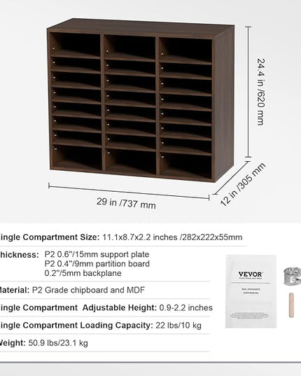 VEVOR 24-Compartment Office Mailbox, Adjustable Shelves, Wood Literature Sorter 29x12x24.4 inches – Ideal for Office, Home, Classroom, Mailrooms Organization – EPA Certified (Brown)