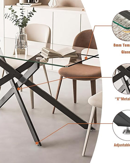 60" Rectangular Glass Dining Table Modern Kitchen Glass Top Table for 6 with Black Metal Legs, Clear Dining Table Kitchen Table for Home Office Dining Room