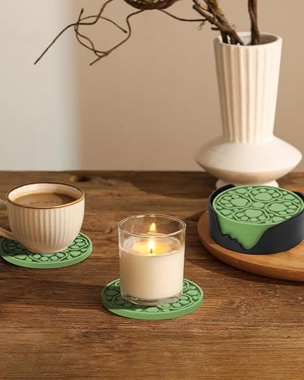6 Pack Green Silicone Coasters with Holder, 4 Inches Non-Slip Decorative Coaster for Tabletop, Desk Dishwasher Safe Cup Mat for Bar, Drinks, Beer, Coffee