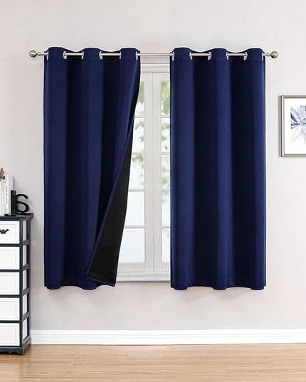 ChrisDowa 100% Blackout Curtains for Bedroom with Black Liner, 2 Thick Layers Total Blackout Thermal Insulated Grommet Small Window Curtains 2 Panels Set (Navy Blue, 42 x 45 Inch)