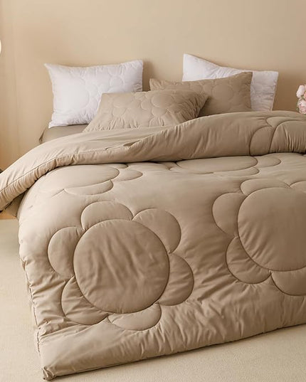 Houseri Cream Khaki Floral Comforter Set Full Cream Brown Sunflower Quilted Comforters Full Size Soft Taupe Coffee Comfy Fluffy Bedding Sets