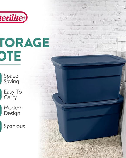 Sterilite 12-Pack Tote, Plastic Storage Bins with Snap Lids, 30 Gallon, Marine Blue - Stackable Home Organizers with In-Molded Handles for Bedroom, Garage, Basement and Attic