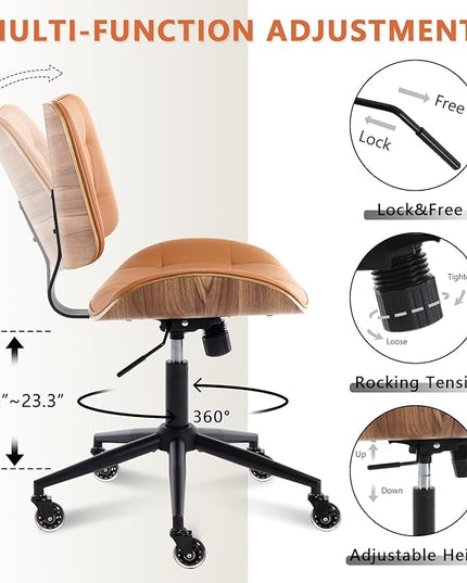 Home Office Desk Chair with Wheels, Adjustable Height Armless Office Chair, PU Leather Mid Back 360° Small Computer Chair, Modern Walnut Chair No Arms for Office, Reading Meeting Room(Brown)