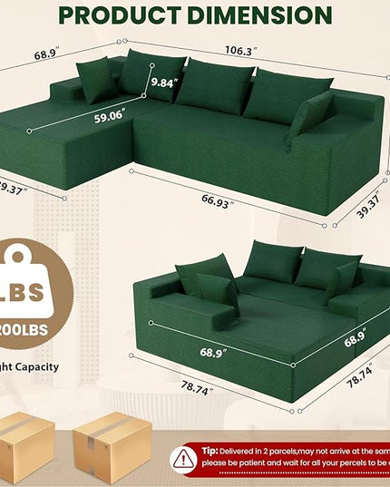 LEVELEVE 107" Cloud Sectional Couch with Deep Seat，Modern Modular Sofa with L-Shape Chaise，No Assembly Required, Upholstered Couches for Living Room Bedroom(Green,Left Facing Chaise)