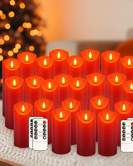 24 Pack Christmas Decoration Flickering Flameless Candles,LED Candles Battery Operated Pillar Candles with Remote Control.for New Year, Home Decor, Parties,Wedding(D2.2 xH 5" 6" 7" Red)