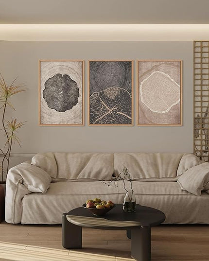 HOURIA Neutral Brown Tree Rings Framed Canvas Wall Art Set,Modern Beige Tan Wood Stump Wall Decor,Vintage Abstract Tree Spiral Art Print,Nature Black Artwork for Living Room,Bedroom,Office- 16"x24"x3