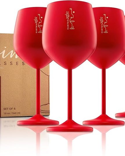 Gusto Nostro Stainless Steel Wine Glass - 18 oz - Cute, Red Unbreakable Wine Glasses for Travel, Camping and Pool - Fancy, Unique, Cool Portable Metal Wine Glass for Outdoor Events, Picnics (Set of 4)