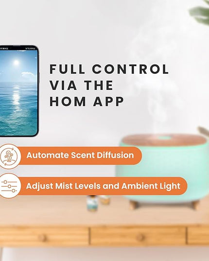 HOM Smart Aromatherapy Diffuser Set with 6 Essential Oils (10ml Each) - 400 ml Ultrasonic Essential Oil Diffuser with 7 Interchangeable LED Colors - Set Schedule and Customize Mood via Phone App