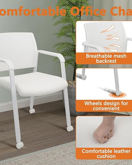 CLATINA Stacking Office Chairs with Wheels | Mesh Back, Thicken Leather Seat and Streamline Armrests, Ergonomic Lumber Support | School, Desk, Guest Reception, Waiting, Conference | Set of 8, White