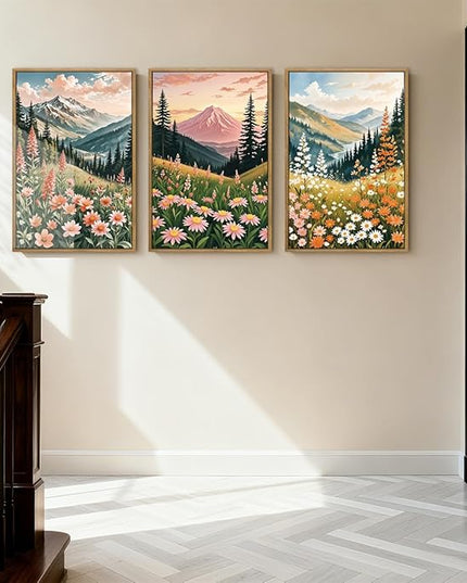 ANHUIB Extra Large Wildflower Wall Art Boho Wildflower Wall Decor 24x36 Inch Colorful Mountain Wall Art Set of 3 for Living Room Bedroom Dining Room