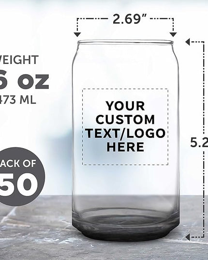 Custom Beer Can Glasses Set of 50, 16 oz. Pint Sized, Promotional Text, Logo, Soda Can Shape, Glassware, Black