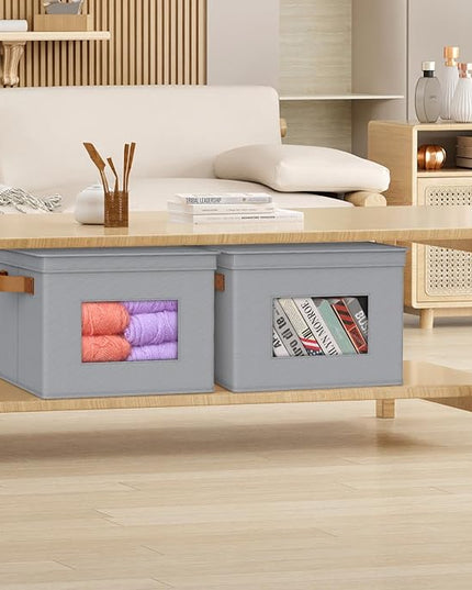 Univivi Storage Bins with Lids Collapsible Foldable Closet Storage Boxes for Clothes [3-Pack] Containers boxes with Handles Closet Storage for Home, Office, Bedroom (Grey,17" x 12"x 12")