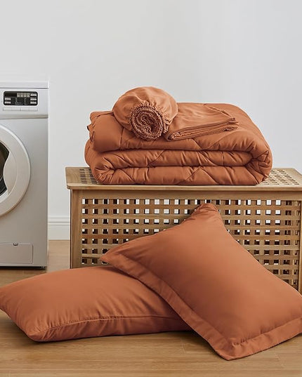 Love's cabin Twin Comforter Set Terracotta, 5 Pieces Twin Bed in a Bag, All Season Bedding Sets with 1 Comforter, 1 Flat Sheet, 1 Fitted Sheet, 1 Pillowcase and 1 Pillow Sham