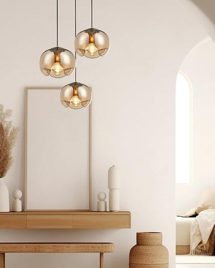 Modern Globe Pendant Light, 9"x7.5" Amber Gradient Glass Hanging Fixture with Gold Base, 15"-72" Adjustable Line, E26 Socket for Living Room, Dining Area, or Entryway – Warm Taupe Globe