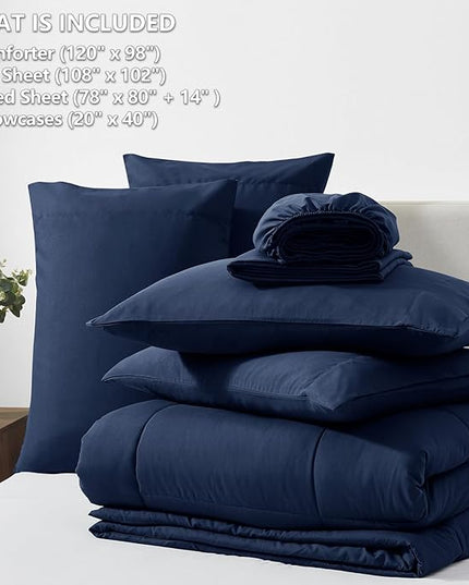CozyLux Oversized King Comforter Sets Navy Blue, 7 Pieces Bed in a Bag, Ultra-Soft All Season Bedding Sets with Stitch Quilted Comforter, Flat Sheet, Fitted Sheet, Pillowcases, Navy Blue