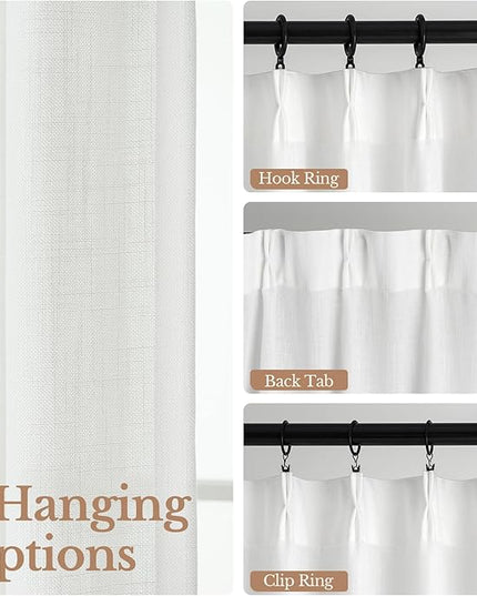 Pinch Pleated Linen Curtains 95 Inches Long, Light Filtering Curtains for Living Room, Farmhouse Window Curtains for Bedroom, Modern Drapes with Hooks and Rings, White, 2 Panels Set