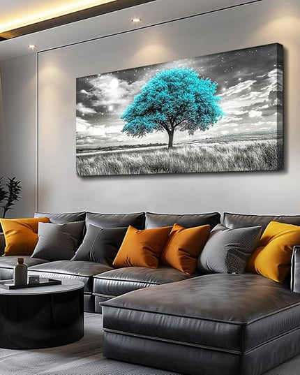 KELIYUAN Modern Canvas Print Wall Art Blue Tree Painting Full Of Stars Black And White Art pictures Natural Landscape Wall Decoration Suitable For Living Room Bedroom Office Framed Stretch 20x40 In