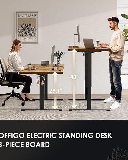 OffiGo Electric Standing Desk with 3-Piece Board, 71 Inch Height Adjustable Large Desk with Power Outlets, Sit Stand Table, Writing Computer Desk for Home, Office, Workstation, Rustic Brown