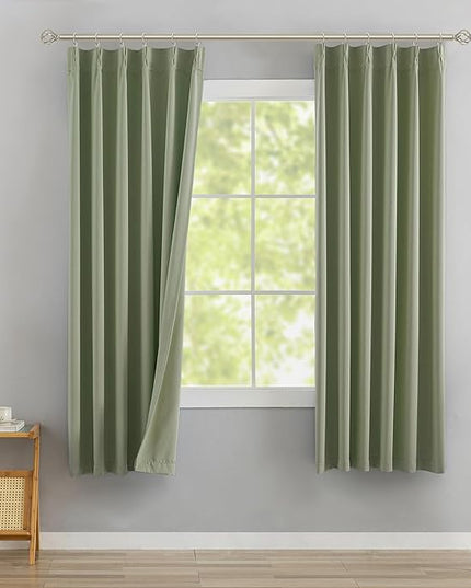 DONREN Sage Green Pinch Pleated Blackout Curtains with Hooks - 63 inch Length Room Darkening Thermal Insulated Short Window Curtain Panels for Bathroom Kids Room 2 Panel 40" Wx63 L