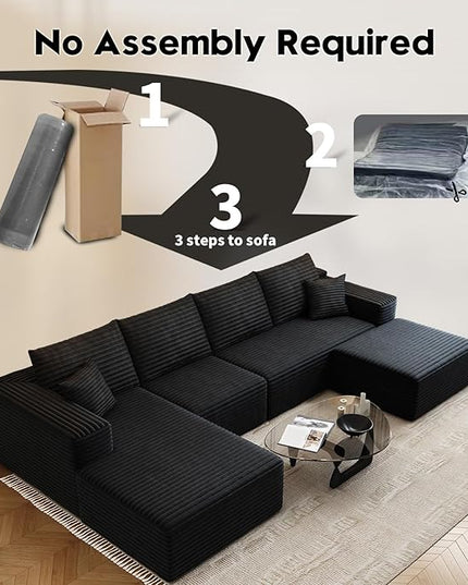 135.4" Cloud Modular Sectional Couch with 1 Ottoman,Modern Minimalist Upholstered Couches, Comfort U Shaped Sofa for Living Room,Deep Seat Corner Couch，No Assembly Required (Black,Left Facing Chaise)