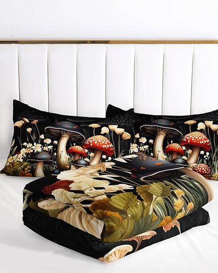 AILONEN Red and Black Mushroom Bedding Queen Size,Cartoon Mushroom Boho Comforter Set,Plant Fungus Flower Starry Moon Comforter with 2 Pillowcases for Boys Girls Kids,3 Pieces