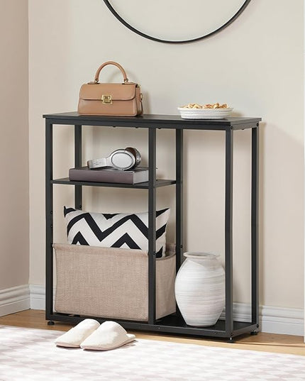HOOBRO 30" Console Table with Linen Storage Basket, Small Entryway Table with 3-Tier Storage Shelves, Sofa Table, Behind Couch Sofa Table, Narrow Hallway Table, Black and Beige BF60XG01