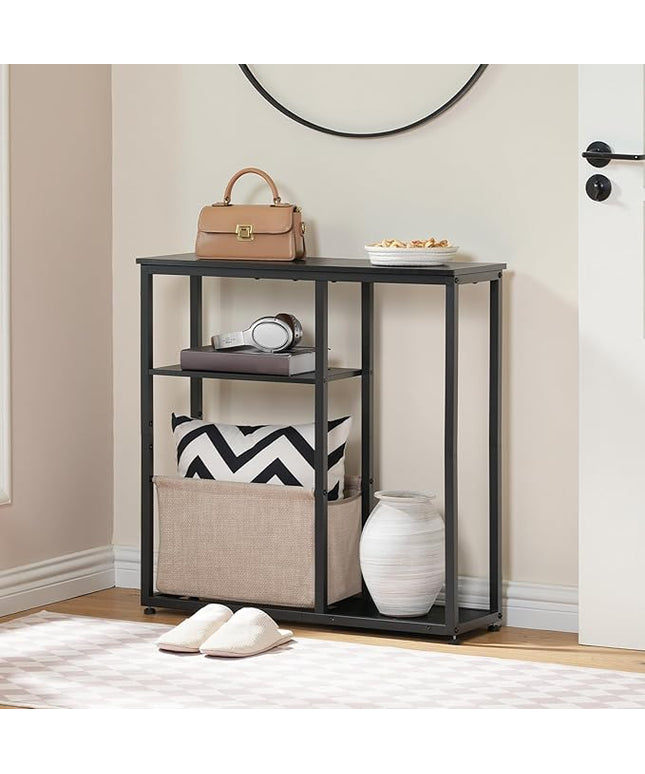 HOOBRO 30" Console Table with Linen Storage Basket, Small Entryway Table with 3-Tier Storage Shelves, Sofa Table, Behind Couch Sofa Table, Narrow Hallway Table, Black and Beige BF60XG01