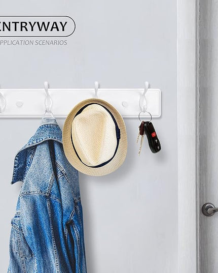 Wooden Coat Rack, Wall-Mounted Organizer for Closet, Entryway, Hallway, Foyer, Bedroom, Heavy Duty Double Hooks for Hanging Towels, Bags, Hats, Jackets, Key (White, 4 Hooks)