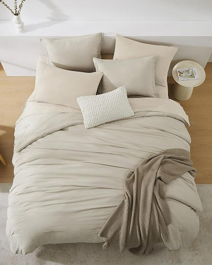 WRENSONGE Light Oatmeal Queen Comforter Set, 7 Pieces Soft Microfiber Comforters Queen Size with Fitted Sheet, Flat Sheet, 2 Pillow Shams, and 2 Pillowcases- Warm Bedding Sets Queen for All Season