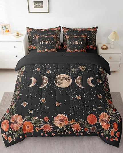 Feelyou Sun Moon Trippy 7 Piece Bedding Set Queen Size Red Floral Comforter Set with Sheets for Kids Adult Boho Nature Bed in a Bag Starry Galaxy Bed Set
