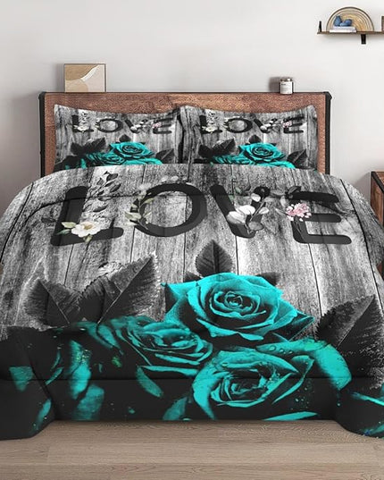 Full Size Comforter Set with 2 Pillowcases, Cyan Rose Flower Love 3 Pcs Bedding for Kids and Adults, Summer Vintage Woodboard Soft Comforter Set for Bedroom Bed Decor