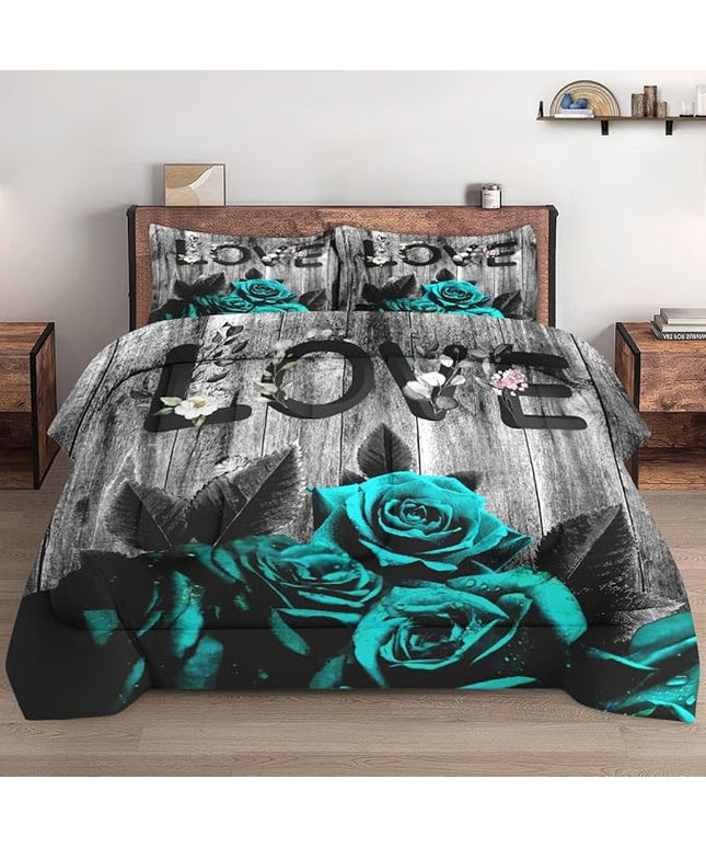 Twin Size Comforter Set with Pillowcase, Cyan Rose Flower Love 2 Pcs Bedding for Kids and Adults, Summer Vintage Woodboard Soft Comforter Set for Bedroom Bed Decor